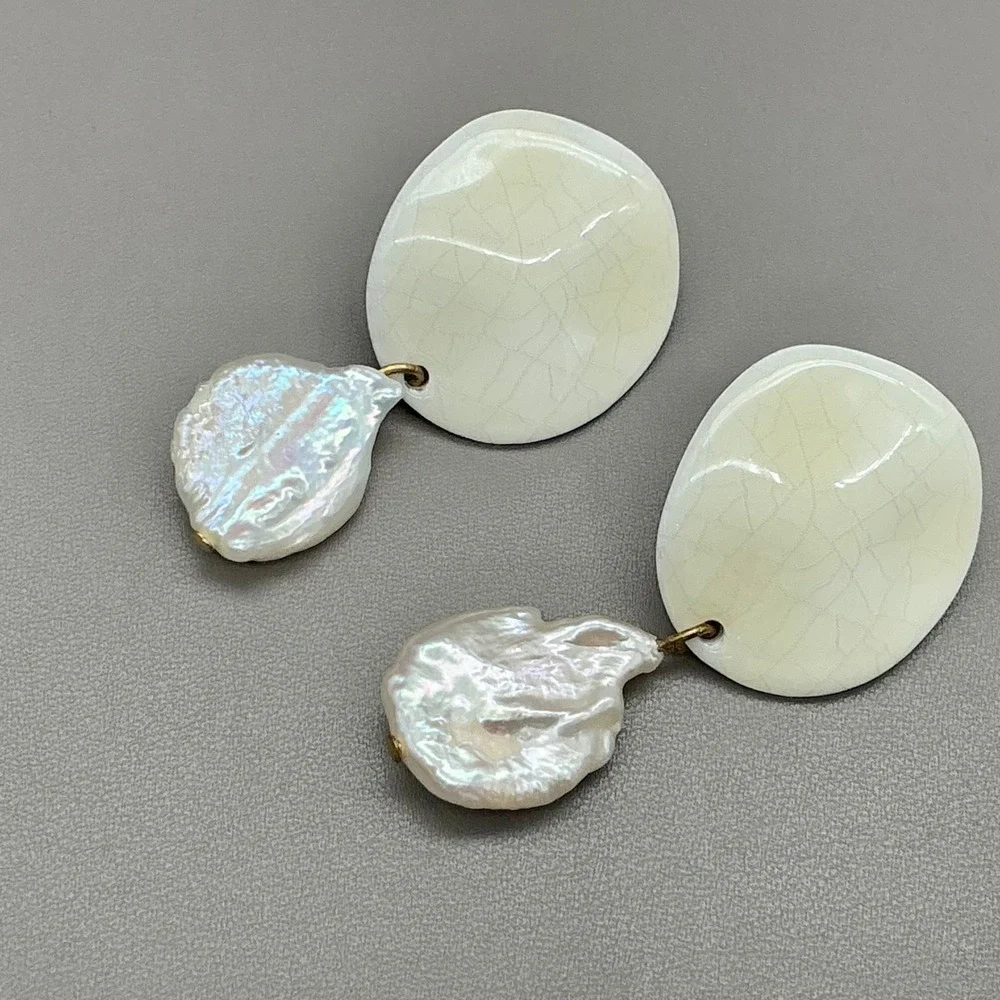 J.Crew Earrings White Crackle Resin & Baroque Pearl Drop Statement Earrings